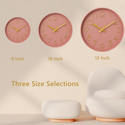 Wall Clock 8 Inch Pink Decorative, Battery Operated Silent
