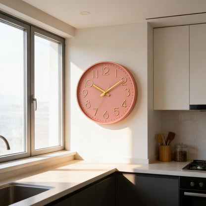 Wall Clock 8 Inch Pink Decorative, Battery Operated Silent