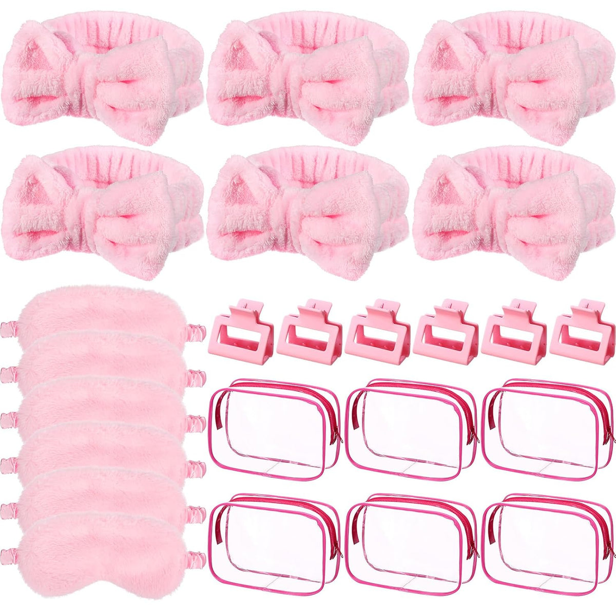 24pcs Sleepover Party Supplies for Woman Spa Slumber Party Favors Spa Headband Plush Sleep Eye Mask Hair Claw Clips Clear Cosmetic Bags for Weekend Trip Graduation Gifts(Pink)