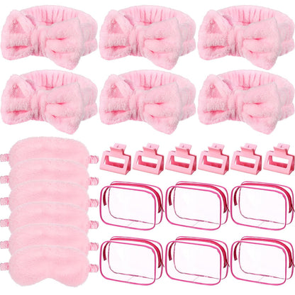 24pcs Sleepover Party Supplies for Woman Spa Slumber Party Favors Spa Headband Plush Sleep Eye Mask Hair Claw Clips Clear Cosmetic Bags for Weekend Trip Graduation Gifts(Pink)