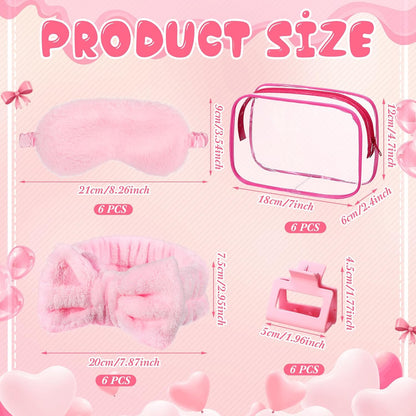 24pcs Sleepover Party Supplies for Woman Spa Slumber Party Favors Spa Headband Plush Sleep Eye Mask Hair Claw Clips Clear Cosmetic Bags for Weekend Trip Graduation Gifts(Pink)
