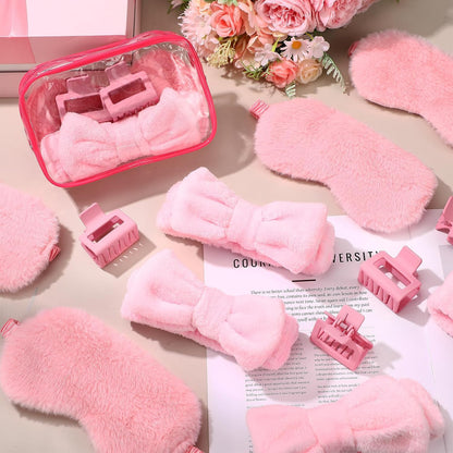 24pcs Sleepover Party Supplies for Woman Spa Slumber Party Favors Spa Headband Plush Sleep Eye Mask Hair Claw Clips Clear Cosmetic Bags for Weekend Trip Graduation Gifts(Pink)