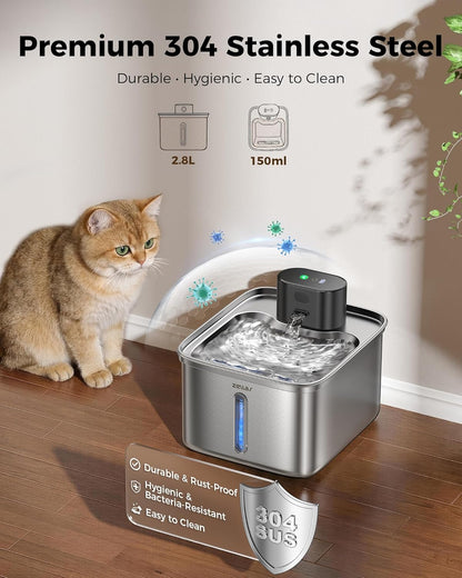 Zellar Wireless Cat Water Fountain, 99oz/2.8L Pump-Free Ultra-Quiet Pet Water Dispenser, 304 Stainless Steel with Multi-Layer Filtration, 3 Smart Modes & Motion Sensor, Fountain for Cats/Dogs