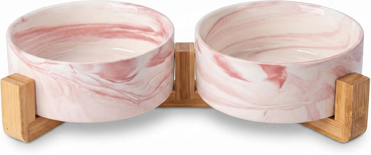 Ceramic Dog Bowls with Non-Slip Bamboo Stand - Dog Food and Water Bowl Set Ideal for Cats and Small Dogs - Double 5.1" Pet Dishes, Each Feeder Holds 1.4 Cups / 10.8 fl oz - Pink Marble