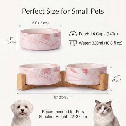 Ceramic Dog Bowls with Non-Slip Bamboo Stand - Dog Food and Water Bowl Set Ideal for Cats and Small Dogs - Double 5.1" Pet Dishes, Each Feeder Holds 1.4 Cups / 10.8 fl oz - Pink Marble