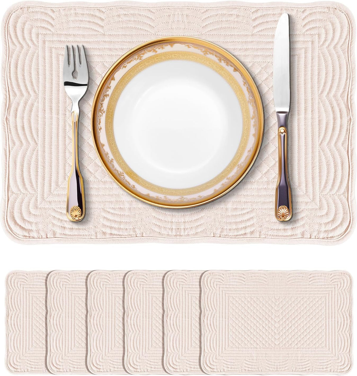 Quilted Placemats Set of 6, Rectangular Placemats Machine Washable for Kitchen or Dining Table Fabric Rectangular Table Mats100% Cotton Pink