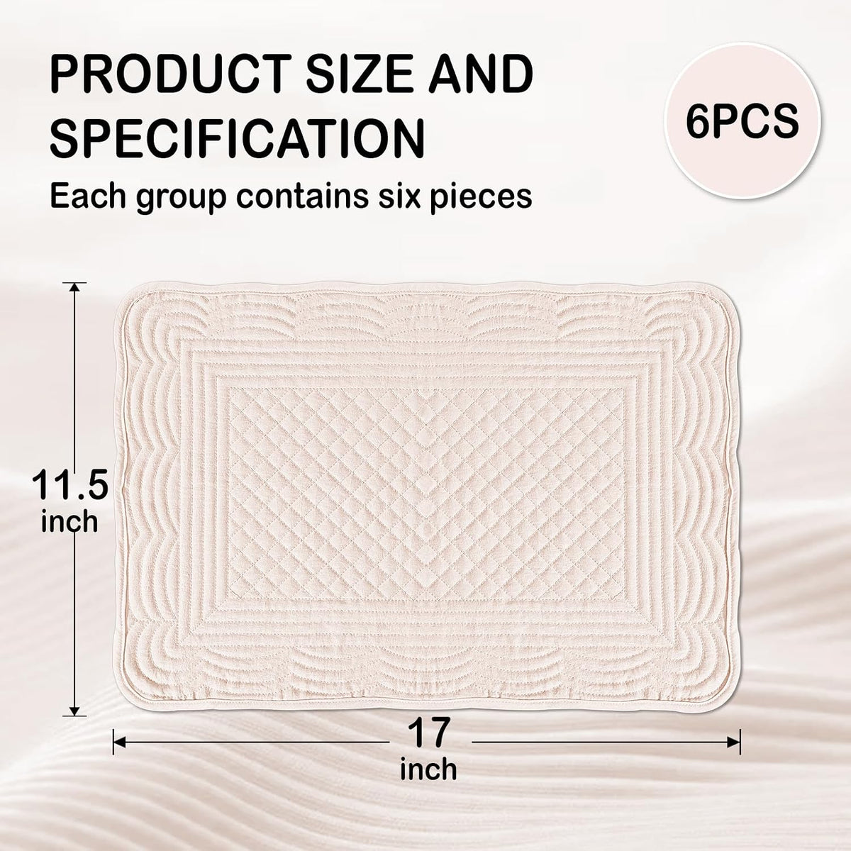 Quilted Placemats Set of 6, Rectangular Placemats Machine Washable for Kitchen or Dining Table Fabric Rectangular Table Mats100% Cotton Pink