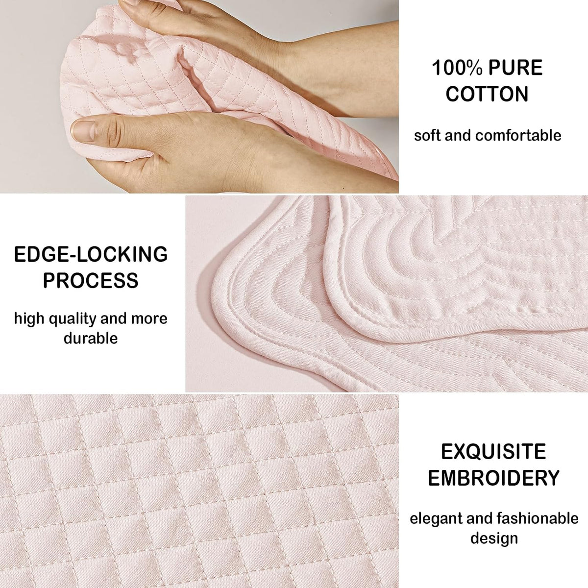 Quilted Placemats Set of 6, Rectangular Placemats Machine Washable for Kitchen or Dining Table Fabric Rectangular Table Mats100% Cotton Pink