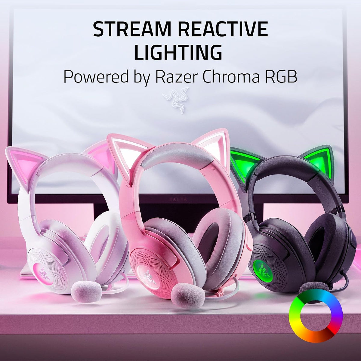Kraken Kitty V2 USB Wired Headset, Chroma RGB Kitty Ears, Pink