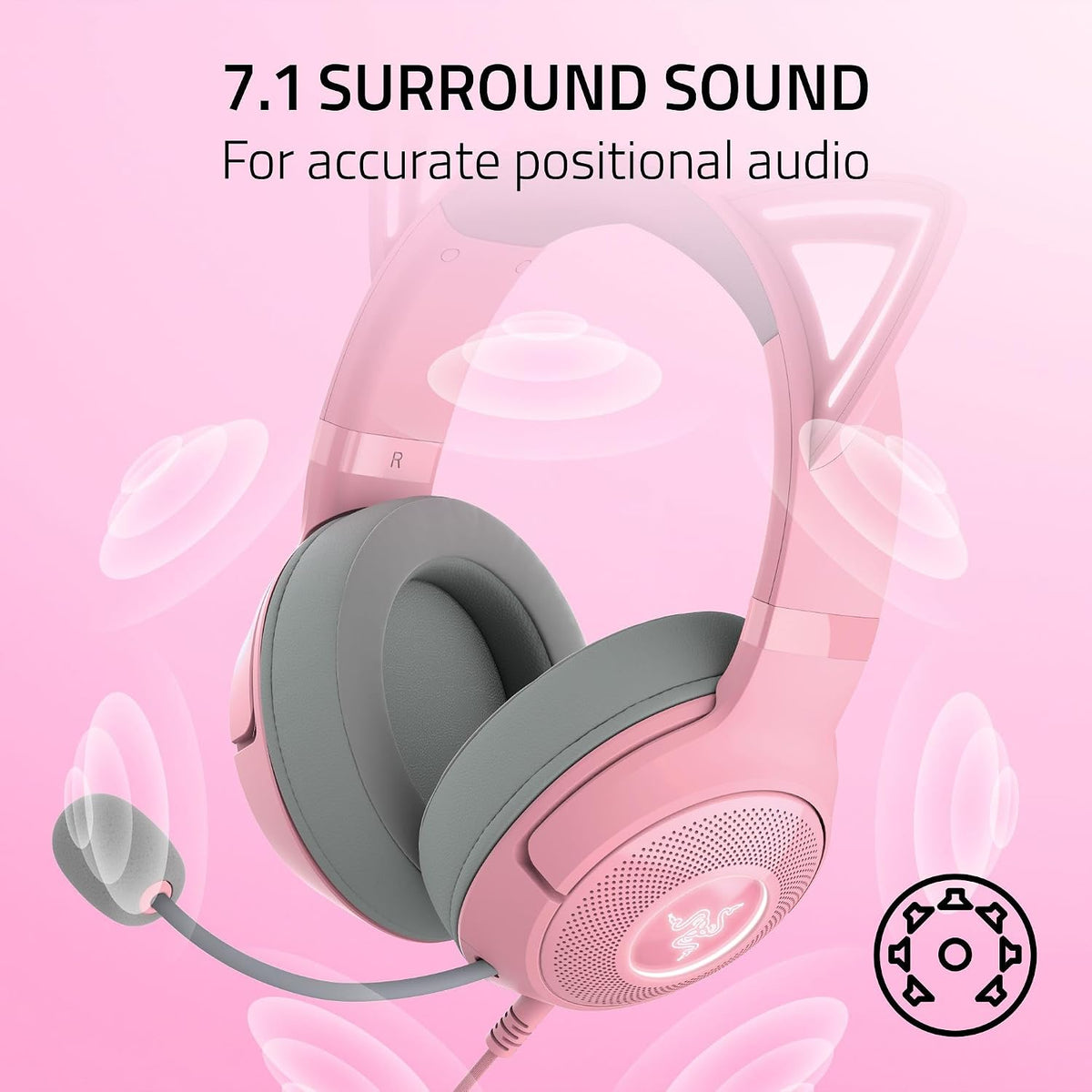 Kraken Kitty V2 USB Wired Headset, Chroma RGB Kitty Ears, Pink