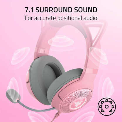 Kraken Kitty V2 USB Wired Headset, Chroma RGB Kitty Ears, Pink