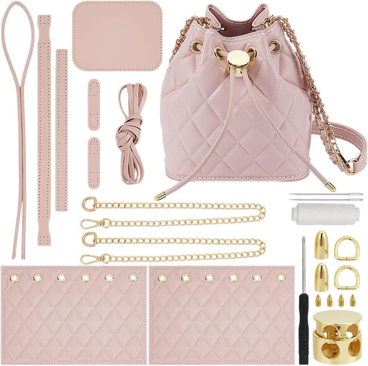 DIY PU Leather Bucket Bag Making Kit, Handmake Crossbody Bag Sewing Knitting Sets for Purse Making Handbag Making Materials Accessories for DIY Shoulder Bag Making, Pearl Pink
