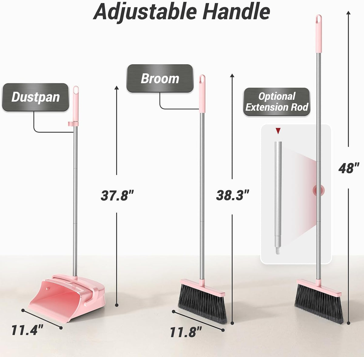 Broom with Dustpan Set for Pet Hair & Dust Cleanup, Pink