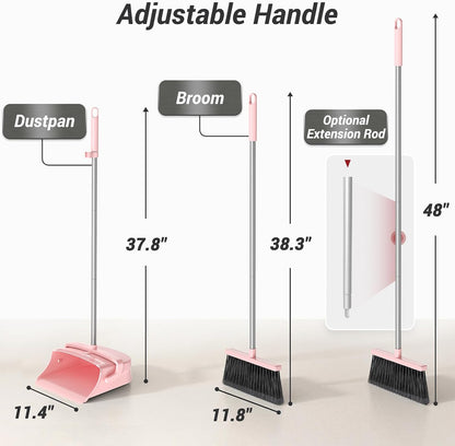Broom with Dustpan Set for Pet Hair & Dust Cleanup, Pink