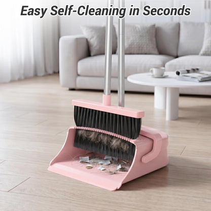 Broom with Dustpan Set for Pet Hair & Dust Cleanup, Pink