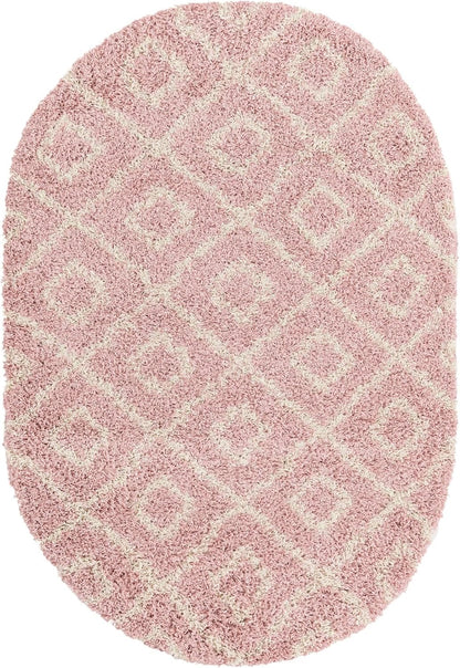 Lattice Shag Collection Rug – 4x6 Oval Light Pink Shag-Pile Rug Perfect for Living Rooms, Large Dining Rooms, Open Floorplans