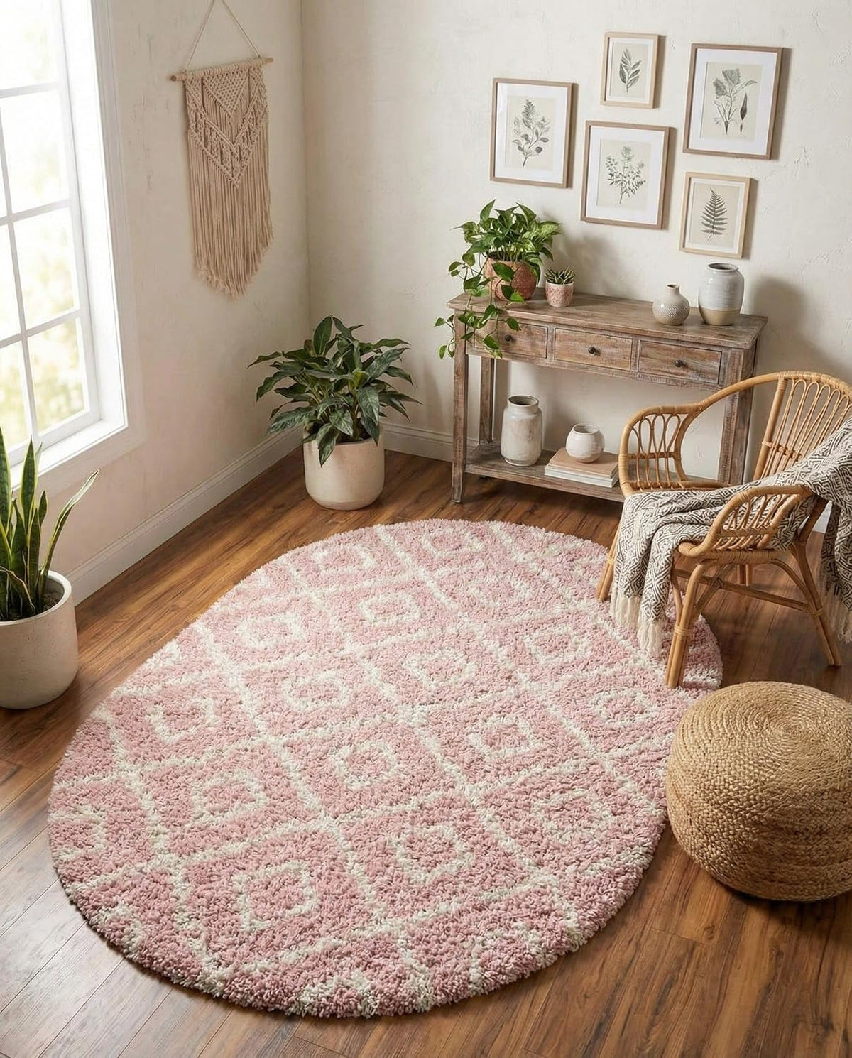 Lattice Shag Collection Rug – 4x6 Oval Light Pink Shag-Pile Rug Perfect for Living Rooms, Large Dining Rooms, Open Floorplans