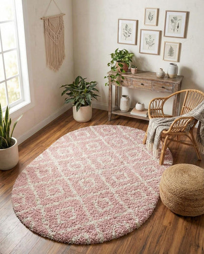 Lattice Shag Collection Rug – 4x6 Oval Light Pink Shag-Pile Rug Perfect for Living Rooms, Large Dining Rooms, Open Floorplans