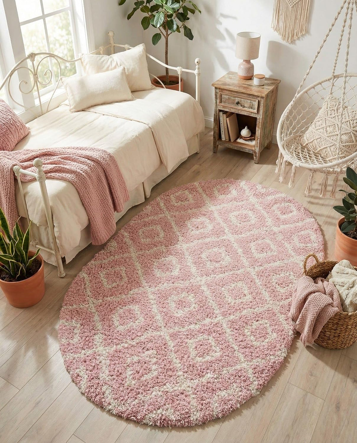 Lattice Shag Collection Rug – 4x6 Oval Light Pink Shag-Pile Rug Perfect for Living Rooms, Large Dining Rooms, Open Floorplans