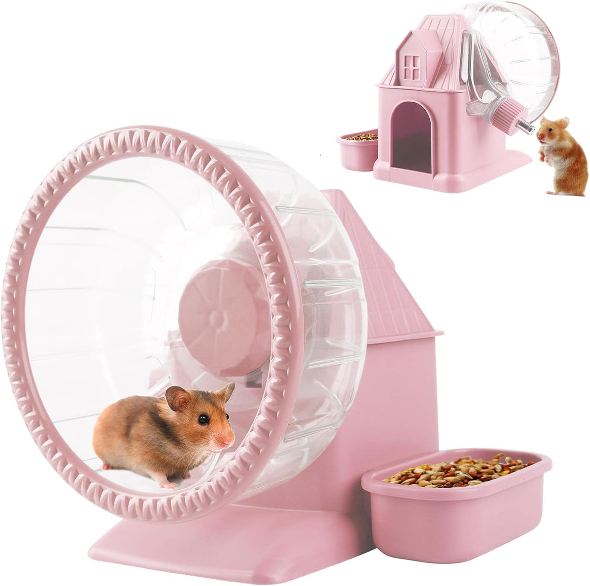 Silent Hamster Wheel Multifunctional Hamster Wheel Quite Running Spinner Wheel Accessories with Food Bowl Water Bottle for Hamsters Dwarf Gerbil (Pink)