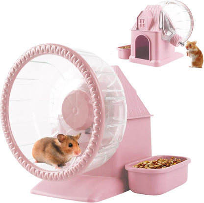 Silent Hamster Wheel Multifunctional Hamster Wheel Quite Running Spinner Wheel Accessories with Food Bowl Water Bottle for Hamsters Dwarf Gerbil (Pink)