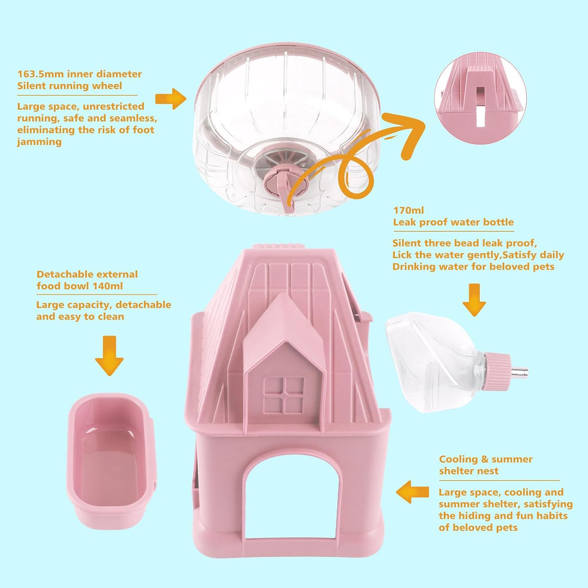 Silent Hamster Wheel Multifunctional Hamster Wheel Quite Running Spinner Wheel Accessories with Food Bowl Water Bottle for Hamsters Dwarf Gerbil (Pink)