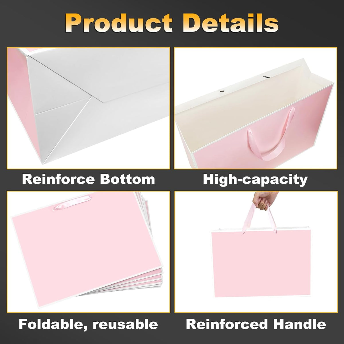 Large Pink Gift Bags,6Pcs 17"x5.5"x12.6" Paper Gift Bags with Ribbon Handle
