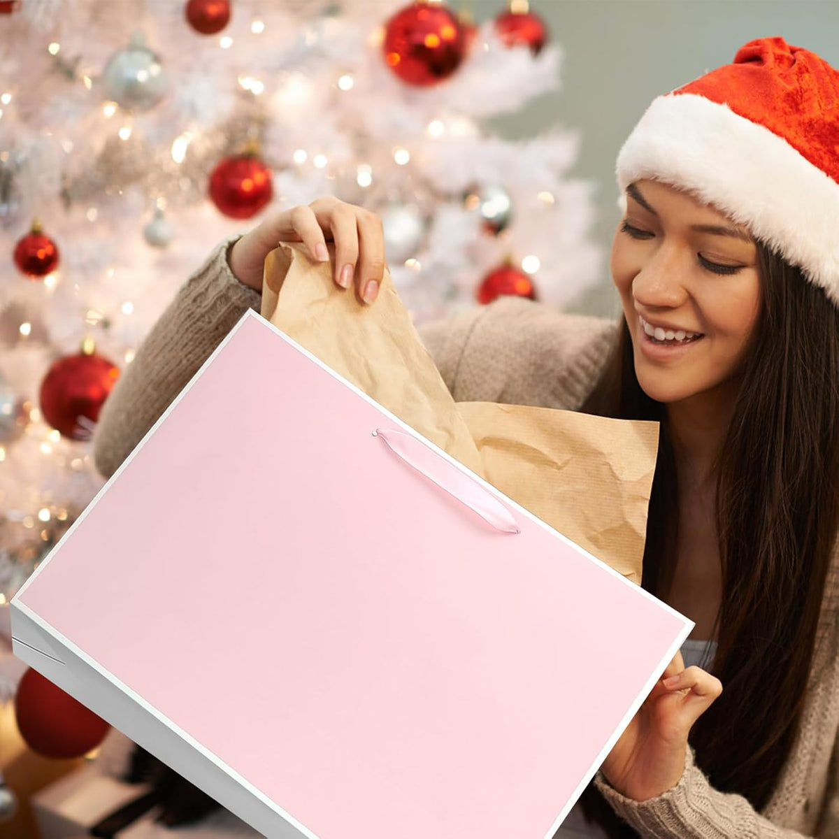 Large Pink Gift Bags,6Pcs 17"x5.5"x12.6" Paper Gift Bags with Ribbon Handle
