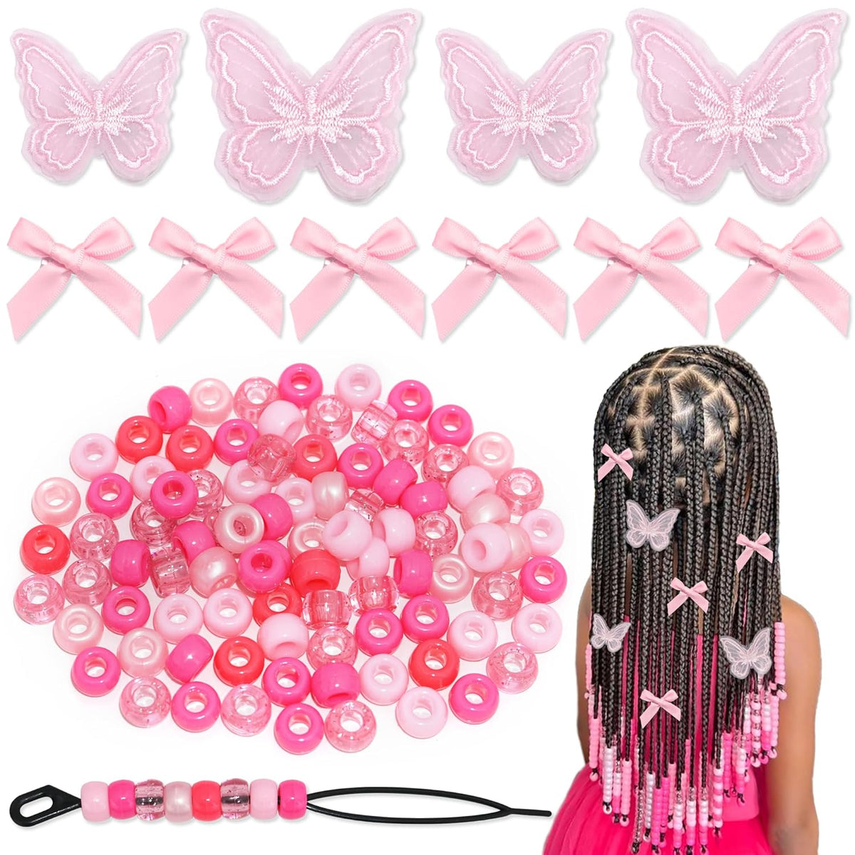 100PCS Small Pink Bows Gradient Hair Beads for Braids Embroidery Butterfly Hair Clips Loc Jewelry Acrylic Large Beads Cute Hair Accessories Dreadlock for Women and Girls