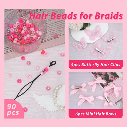 100PCS Small Pink Bows Gradient Hair Beads for Braids Embroidery Butterfly Hair Clips Loc Jewelry Acrylic Large Beads Cute Hair Accessories Dreadlock for Women and Girls