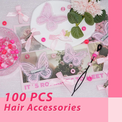 100PCS Small Pink Bows Gradient Hair Beads for Braids Embroidery Butterfly Hair Clips Loc Jewelry Acrylic Large Beads Cute Hair Accessories Dreadlock for Women and Girls