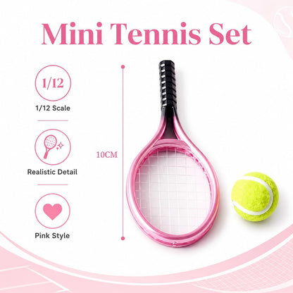Miniature Tennis Racket Set, 1/12 Scale Accessories, Mini Racket Set, Small Tennis (Pink)