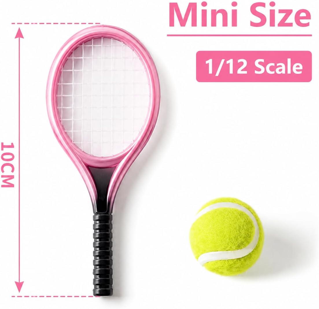 Miniature Tennis Racket Set, 1/12 Scale Accessories, Mini Racket Set, Small Tennis (Pink)
