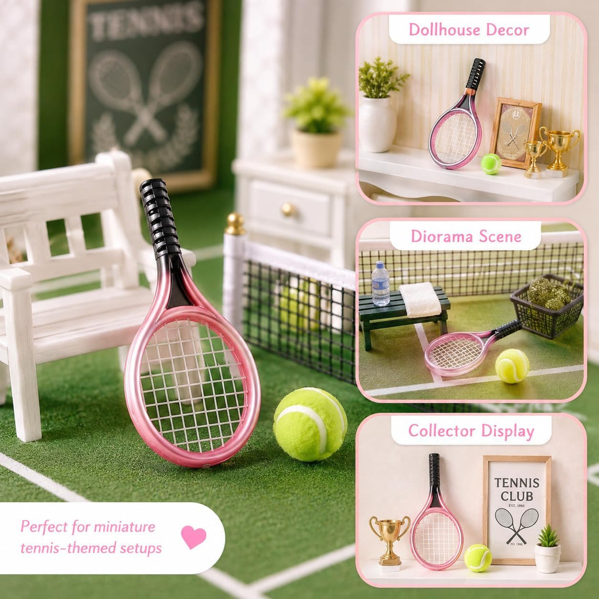 Miniature Tennis Racket Set, 1/12 Scale Accessories, Mini Racket Set, Small Tennis (Pink)