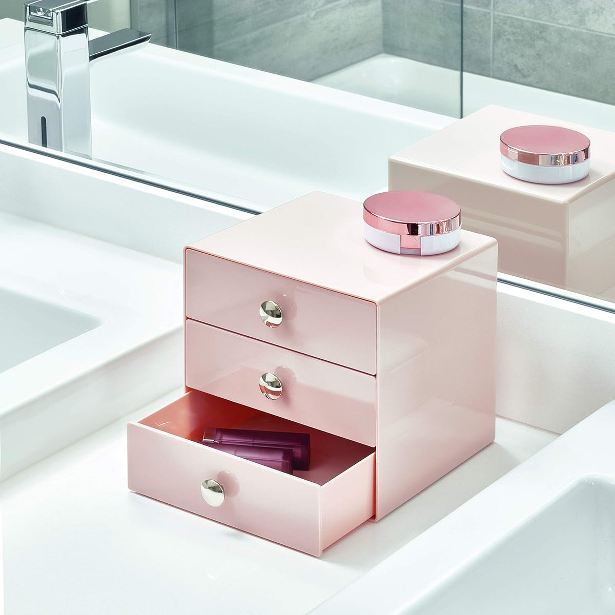 Plastic 3-Drawer Jewelry Box, Pink, 6.5" x 6.5" x 6.5"