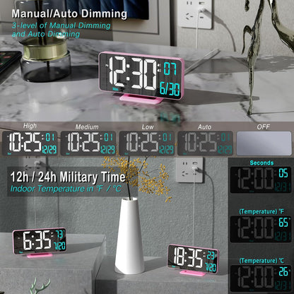 Pink Digital Clock for Bedroom 6.7in Dual Alarm Clock with Dimming, 12/24h, Seconds, Date, Day of Week, Temp, Desk Clock, LED Clock for Table Decor, Digital Calendar Table Clocks for Bedrooms KOSUMOSU