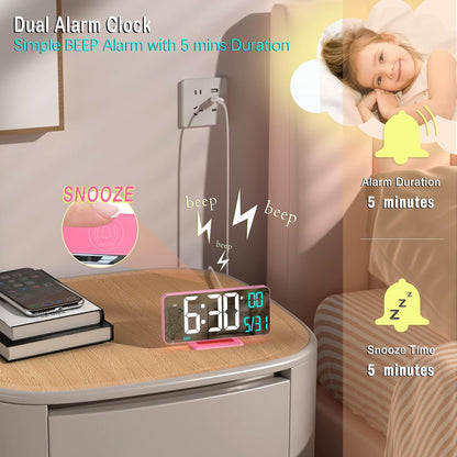 Pink Digital Clock for Bedroom 6.7in Dual Alarm Clock with Dimming, 12/24h, Seconds, Date, Day of Week, Temp, Desk Clock, LED Clock for Table Decor, Digital Calendar Table Clocks for Bedrooms KOSUMOSU