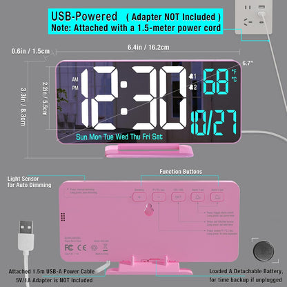 Pink Digital Clock for Bedroom 6.7in Dual Alarm Clock with Dimming, 12/24h, Seconds, Date, Day of Week, Temp, Desk Clock, LED Clock for Table Decor, Digital Calendar Table Clocks for Bedrooms KOSUMOSU
