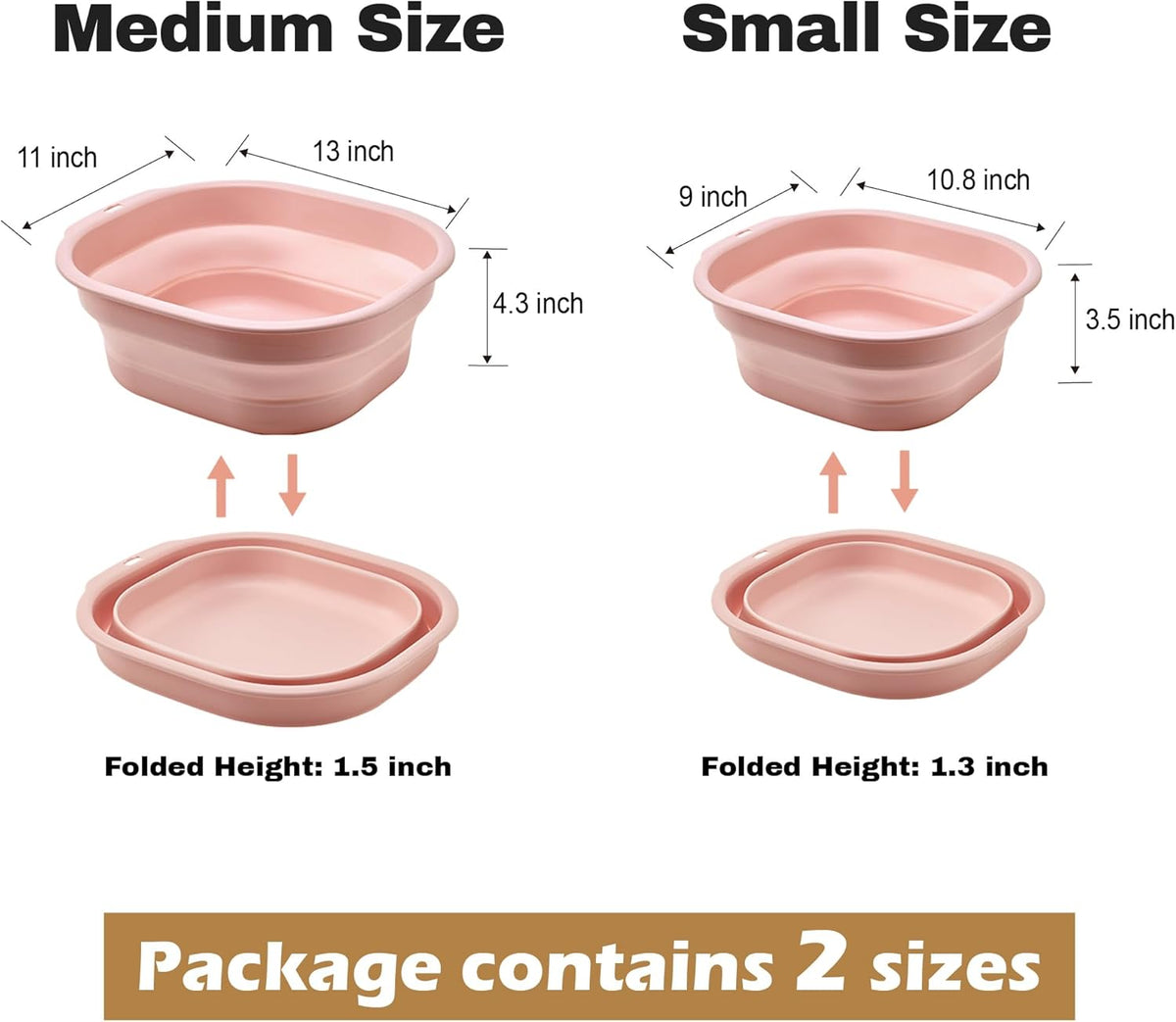 Collapsible Wash Basin Set of 2, Foldable Small Medium Size Wash Basin, Portable Plastic Basins for Laundry, Bottles, Travel, Camping (Pink)