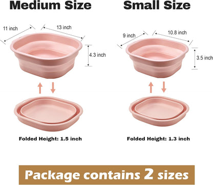 Collapsible Wash Basin Set of 2, Foldable Small Medium Size Wash Basin, Portable Plastic Basins for Laundry, Bottles, Travel, Camping (Pink)