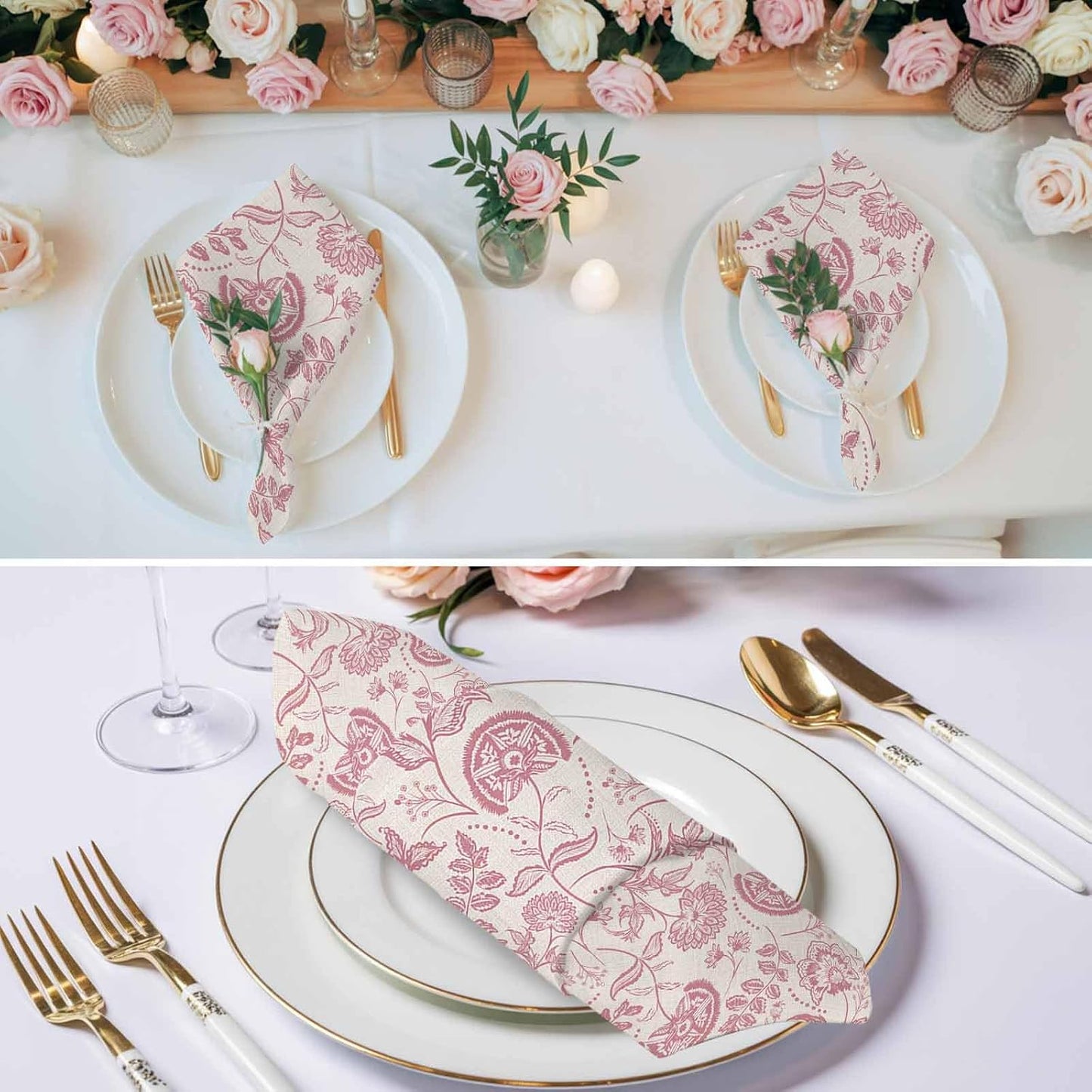 Farmhouse Pink Floral Cloth Napkins Set of 1 Linen Boho Flower Rustic Country Napkins Cloth Washable Reusable Soft Napkin for Birthday Party Wedding Dining Table Decorations 20x20 Inch
