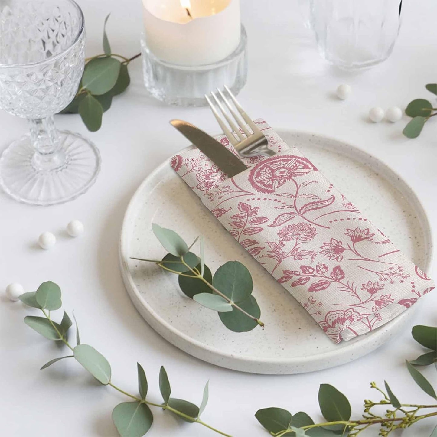 Farmhouse Pink Floral Cloth Napkins Set of 1 Linen Boho Flower Rustic Country Napkins Cloth Washable Reusable Soft Napkin for Birthday Party Wedding Dining Table Decorations 20x20 Inch