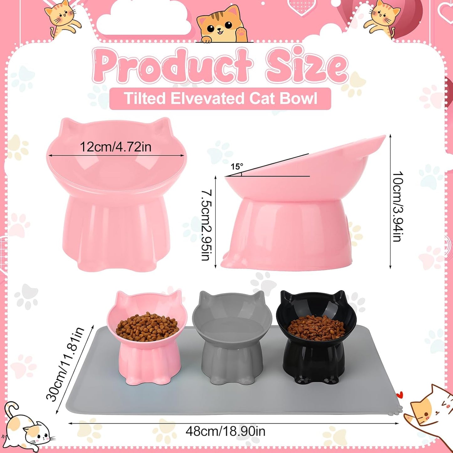 3 Pcs Elevated Cat Bowls 15°Raised Cat Food Bowl with Silicone Mat Whisker Friendly Anti Vomiting Cats Dishes Pet Food and Water Bowls for Indoor Cats Kittens Classic Pink, Grey, Black Pink, Grey, Bla