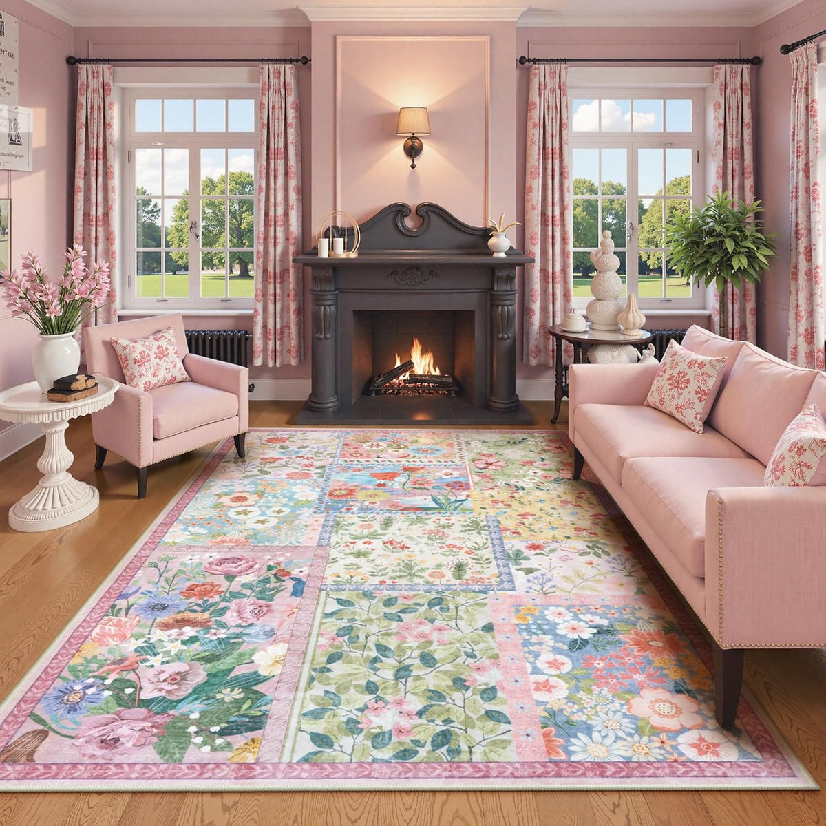 Pink Washable Rugs 8x10 for Living Room, Soft Pink Rug for Bedroom,Non Slip Ultra Thin Rug Botanical Bedroom Rugs 8x10 Under Bed, Floor Carpet for Dining Room Home Office