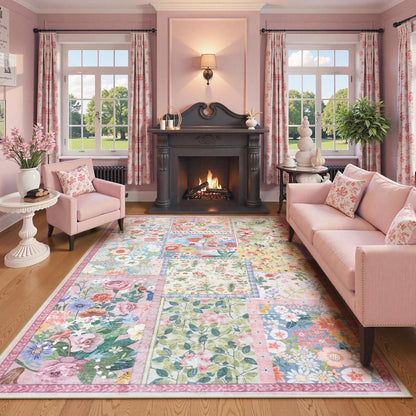 Pink Washable Rugs 8x10 for Living Room, Soft Pink Rug for Bedroom,Non Slip Ultra Thin Rug Botanical Bedroom Rugs 8x10 Under Bed, Floor Carpet for Dining Room Home Office