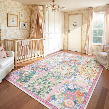 Pink Washable Rugs 8x10 for Living Room, Soft Pink Rug for Bedroom,Non Slip Ultra Thin Rug Botanical Bedroom Rugs 8x10 Under Bed, Floor Carpet for Dining Room Home Office