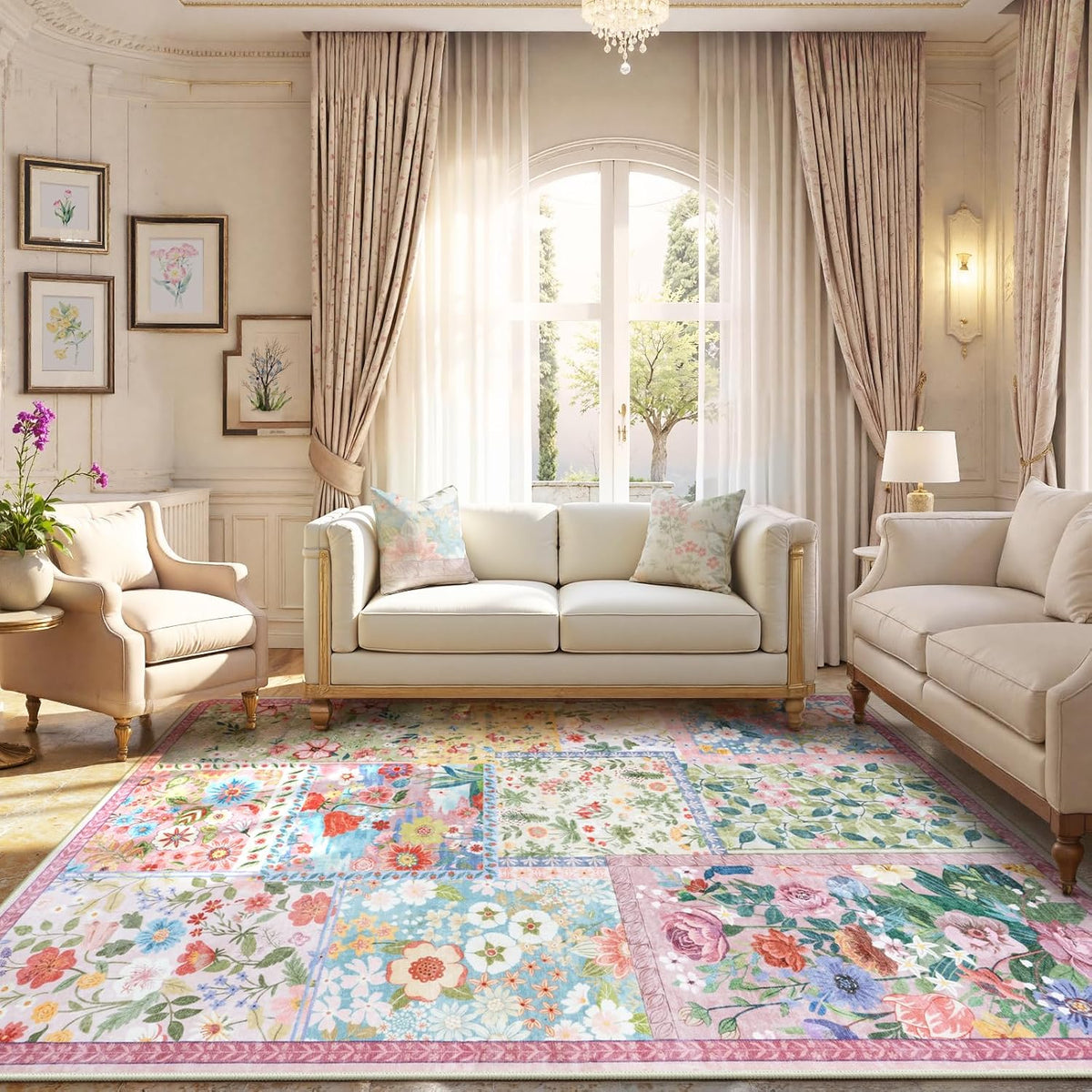 Pink Washable Rugs 8x10 for Living Room, Soft Pink Rug for Bedroom,Non Slip Ultra Thin Rug Botanical Bedroom Rugs 8x10 Under Bed, Floor Carpet for Dining Room Home Office