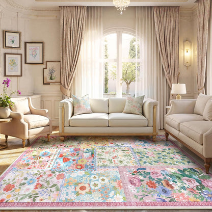 Pink Washable Rugs 8x10 for Living Room, Soft Pink Rug for Bedroom,Non Slip Ultra Thin Rug Botanical Bedroom Rugs 8x10 Under Bed, Floor Carpet for Dining Room Home Office