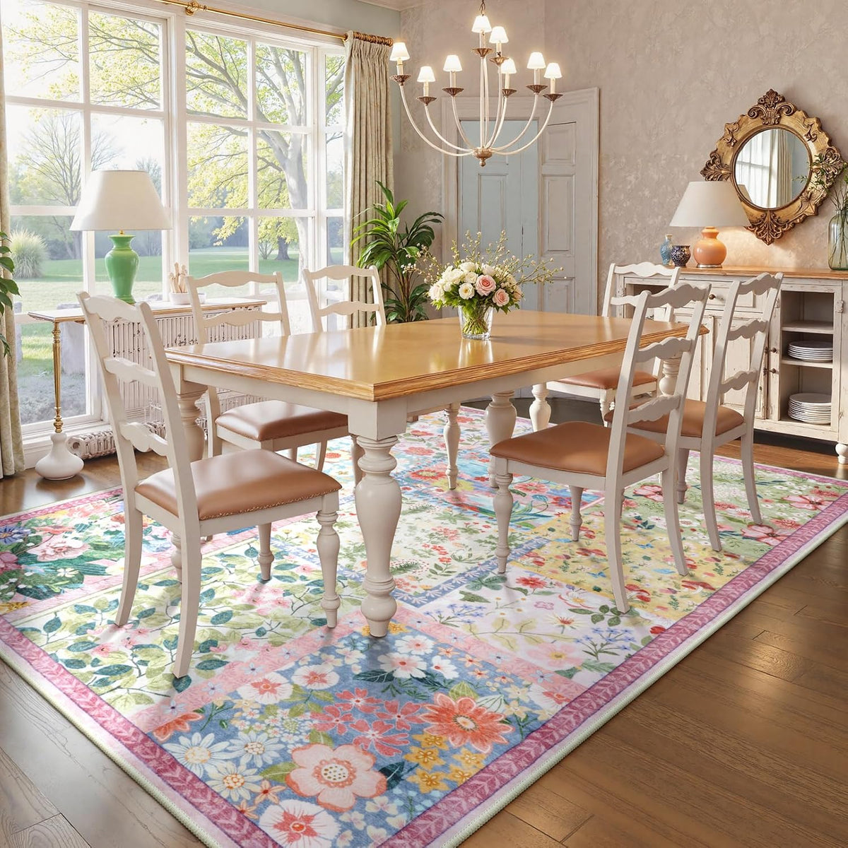 Pink Washable Rugs 8x10 for Living Room, Soft Pink Rug for Bedroom,Non Slip Ultra Thin Rug Botanical Bedroom Rugs 8x10 Under Bed, Floor Carpet for Dining Room Home Office