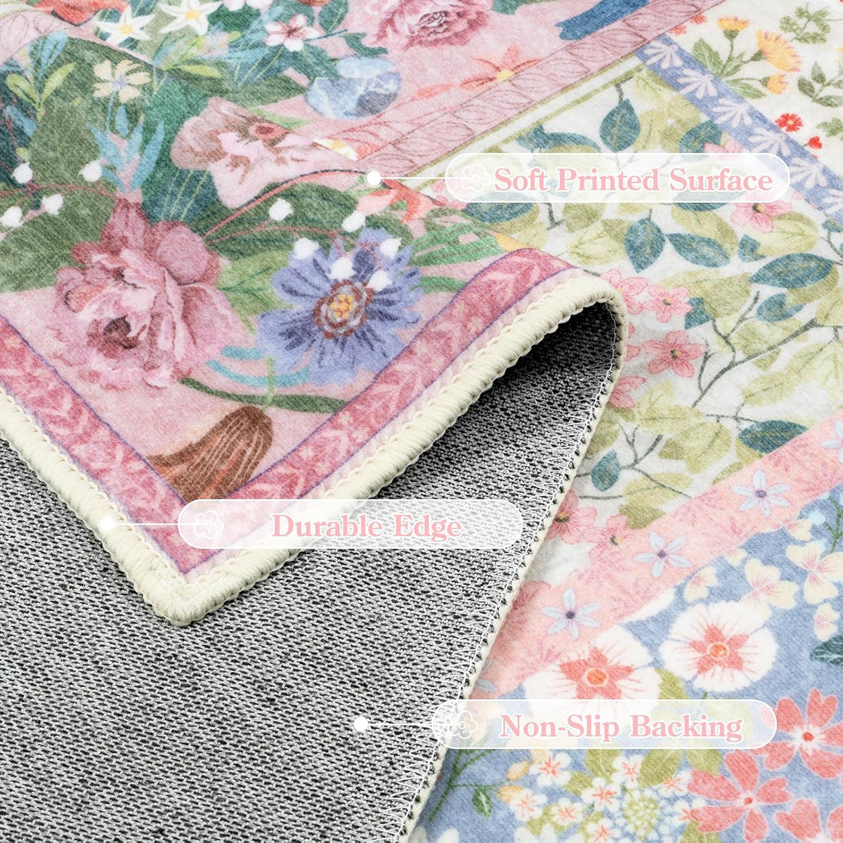 Pink Washable Rugs 8x10 for Living Room, Soft Pink Rug for Bedroom,Non Slip Ultra Thin Rug Botanical Bedroom Rugs 8x10 Under Bed, Floor Carpet for Dining Room Home Office